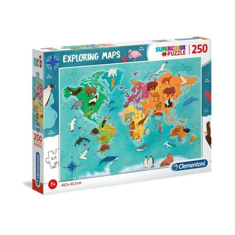 PUZZLE Super 250 pcs Mapa Mundo - Animais - CLEMENTONI